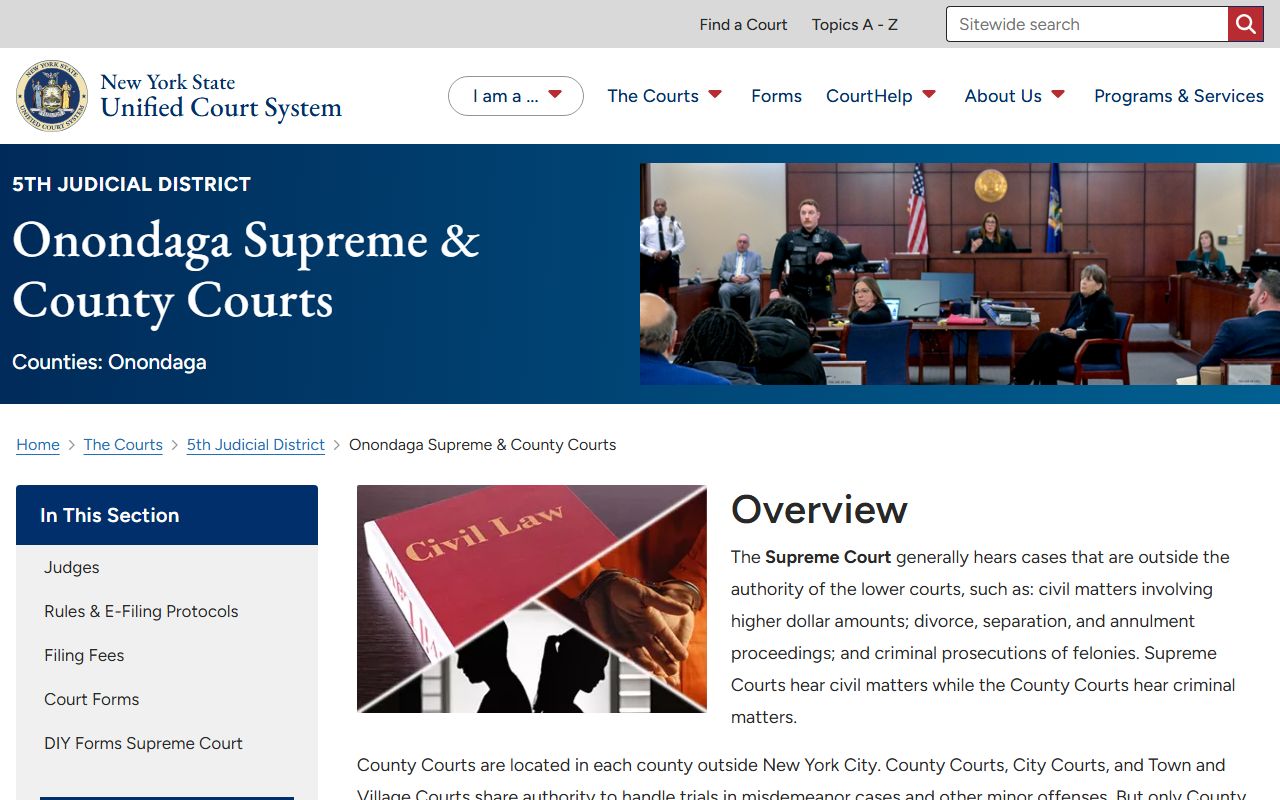 Onondaga County Court records portal, Supreme and County Courts page