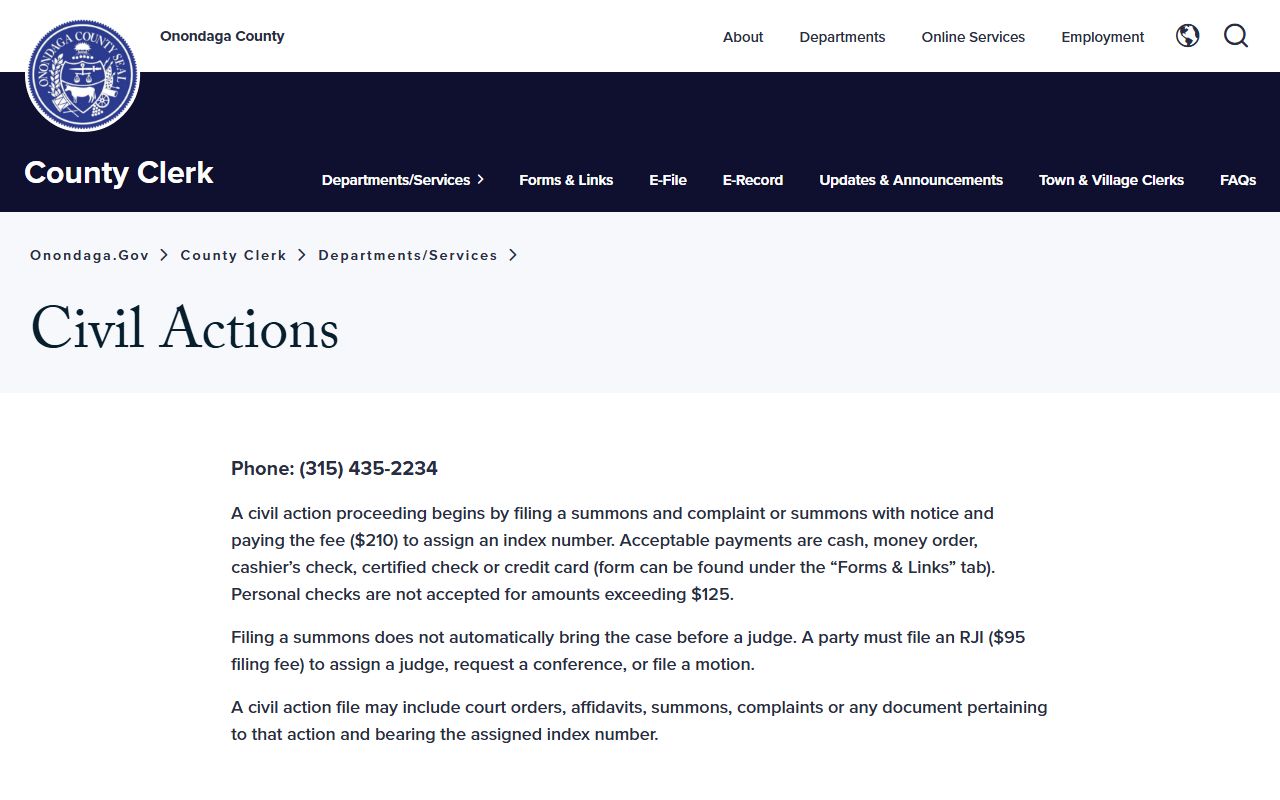 Onondaga County Clerk civil actions division page