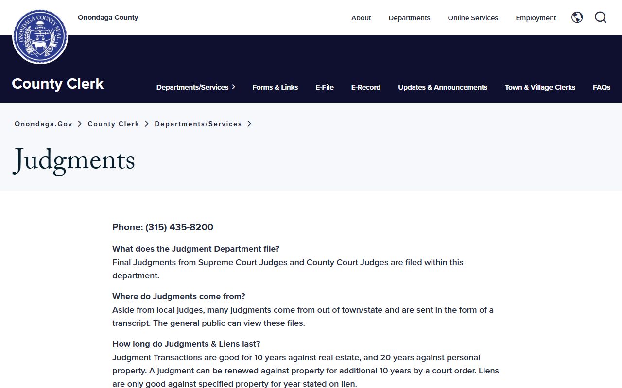 Onondaga County Clerk judgments division page