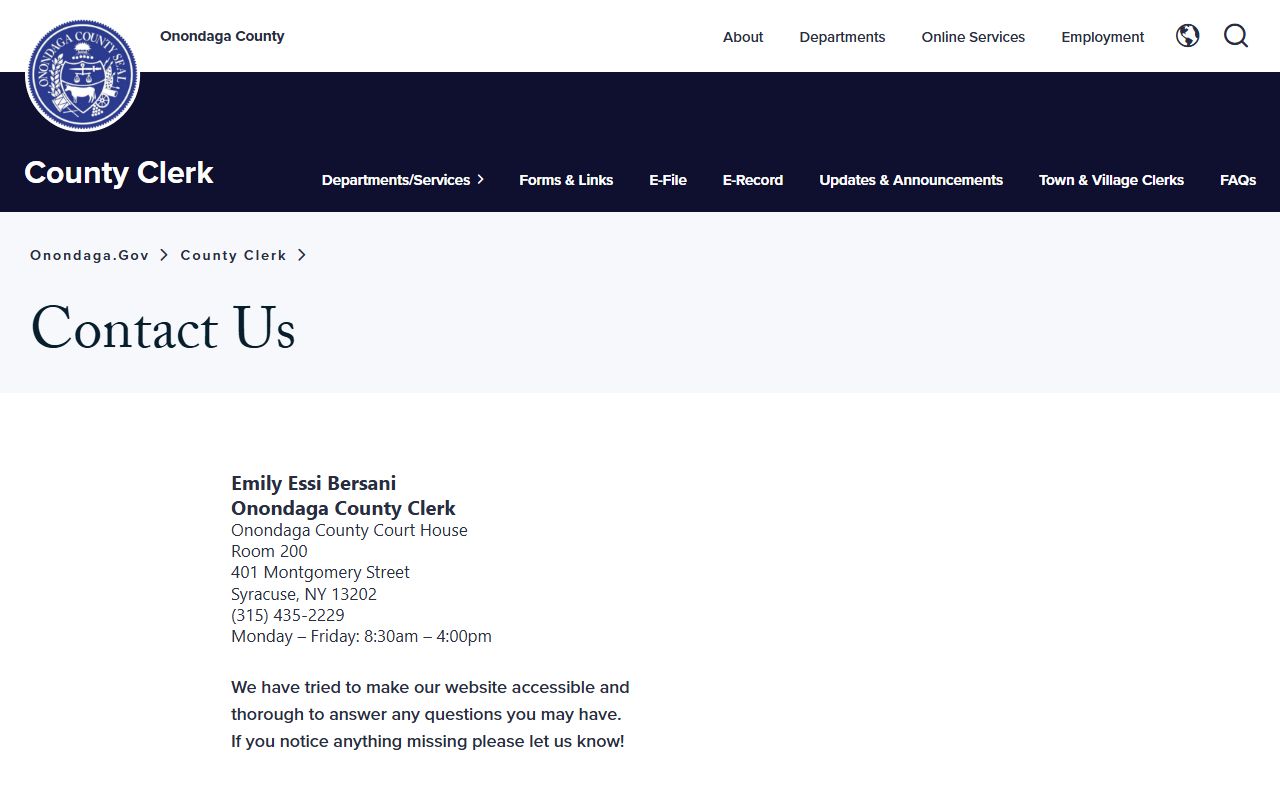 Onondaga County Clerk contact information page