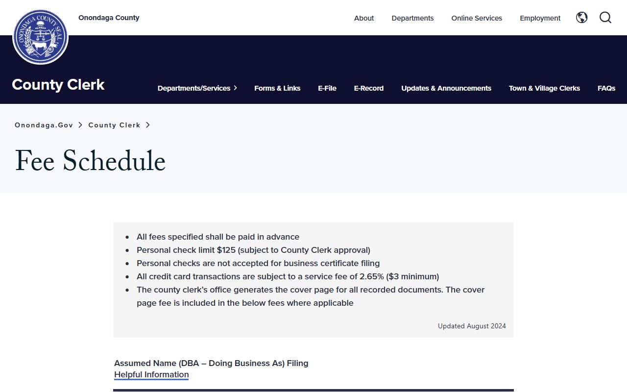 Onondaga County Clerk fee schedule page