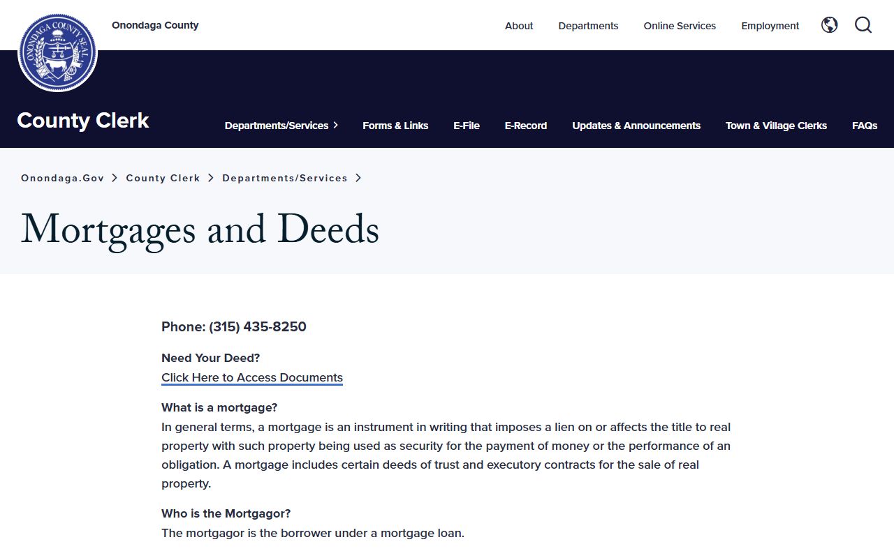 Onondaga County Clerk mortgages and deeds real property page