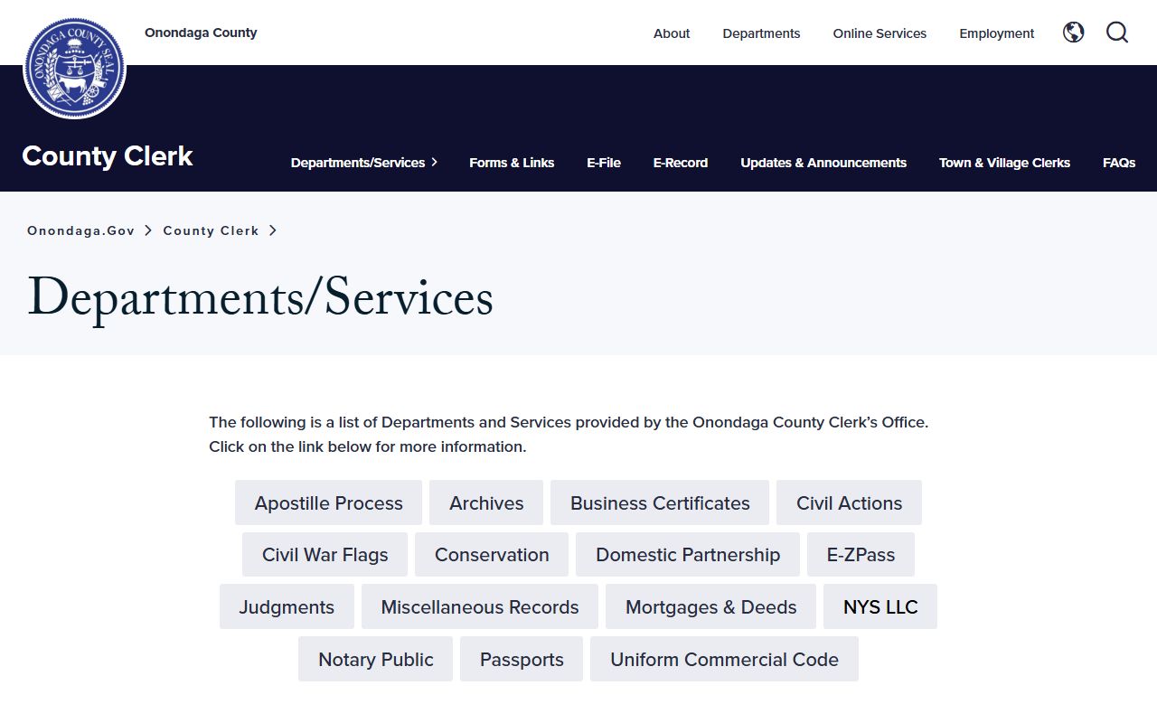 Onondaga County Clerk departments and services overview