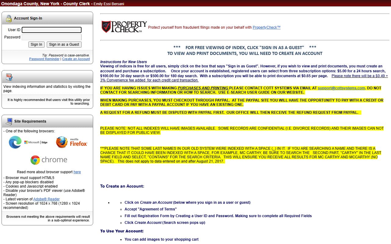 Onondaga County Clerk court records portal login page