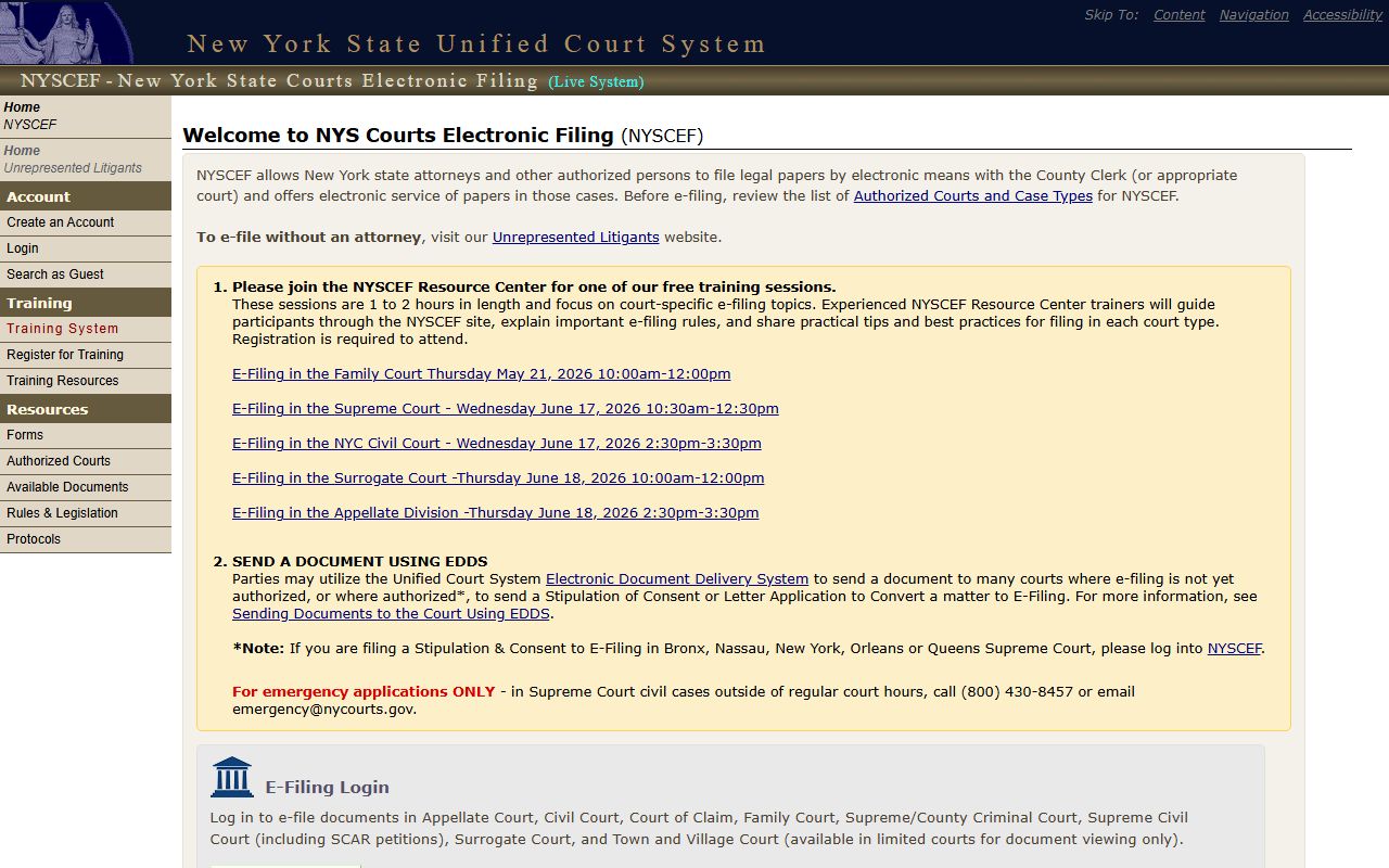Onondaga County court records on the NYSCEF electronic filing homepage