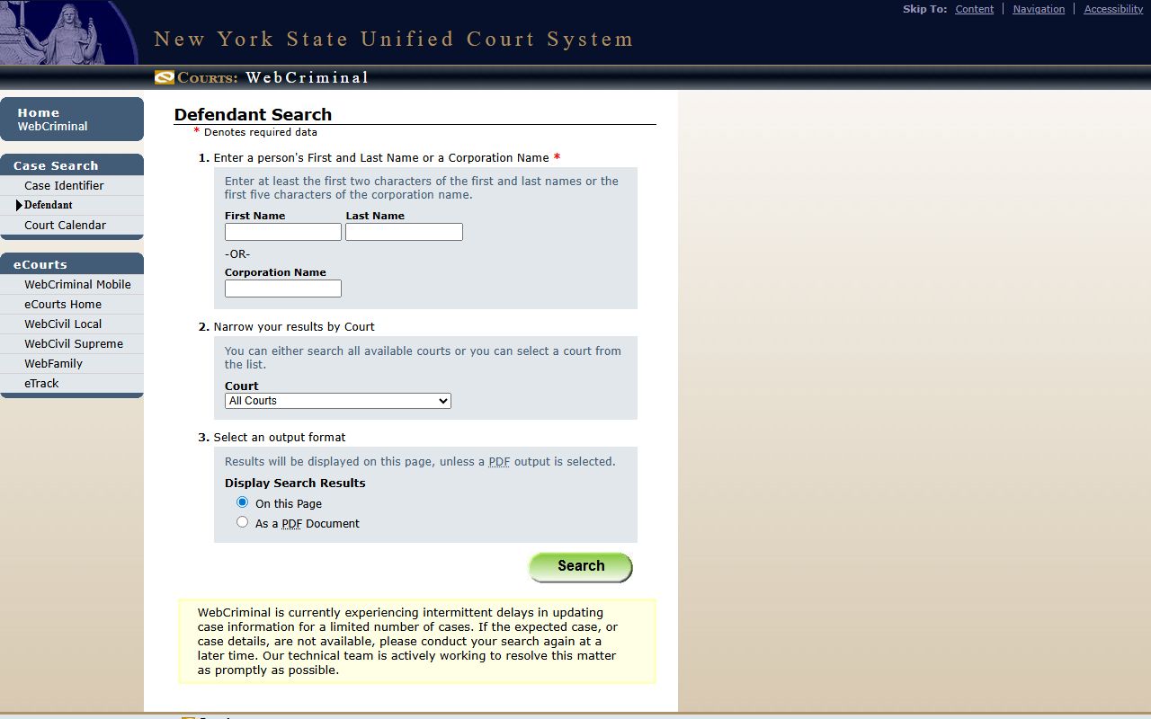 Onondaga County criminal court records on the WebCrims defendant search portal