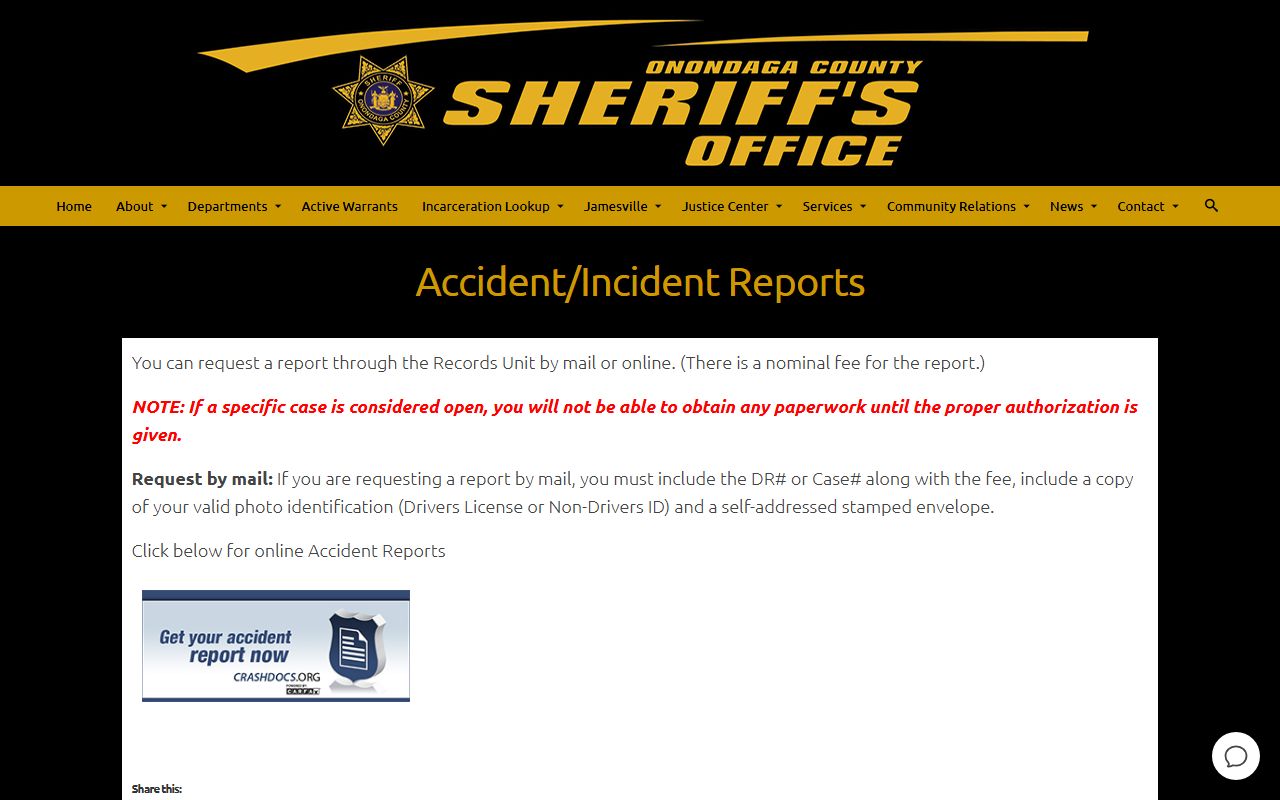 Onondaga County Sheriff accident and incident reports page for criminal and arrest records