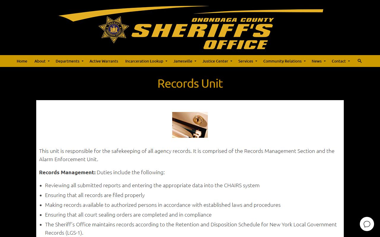 Onondaga County Sheriff Civil Records Unit page for criminal and arrest records requests