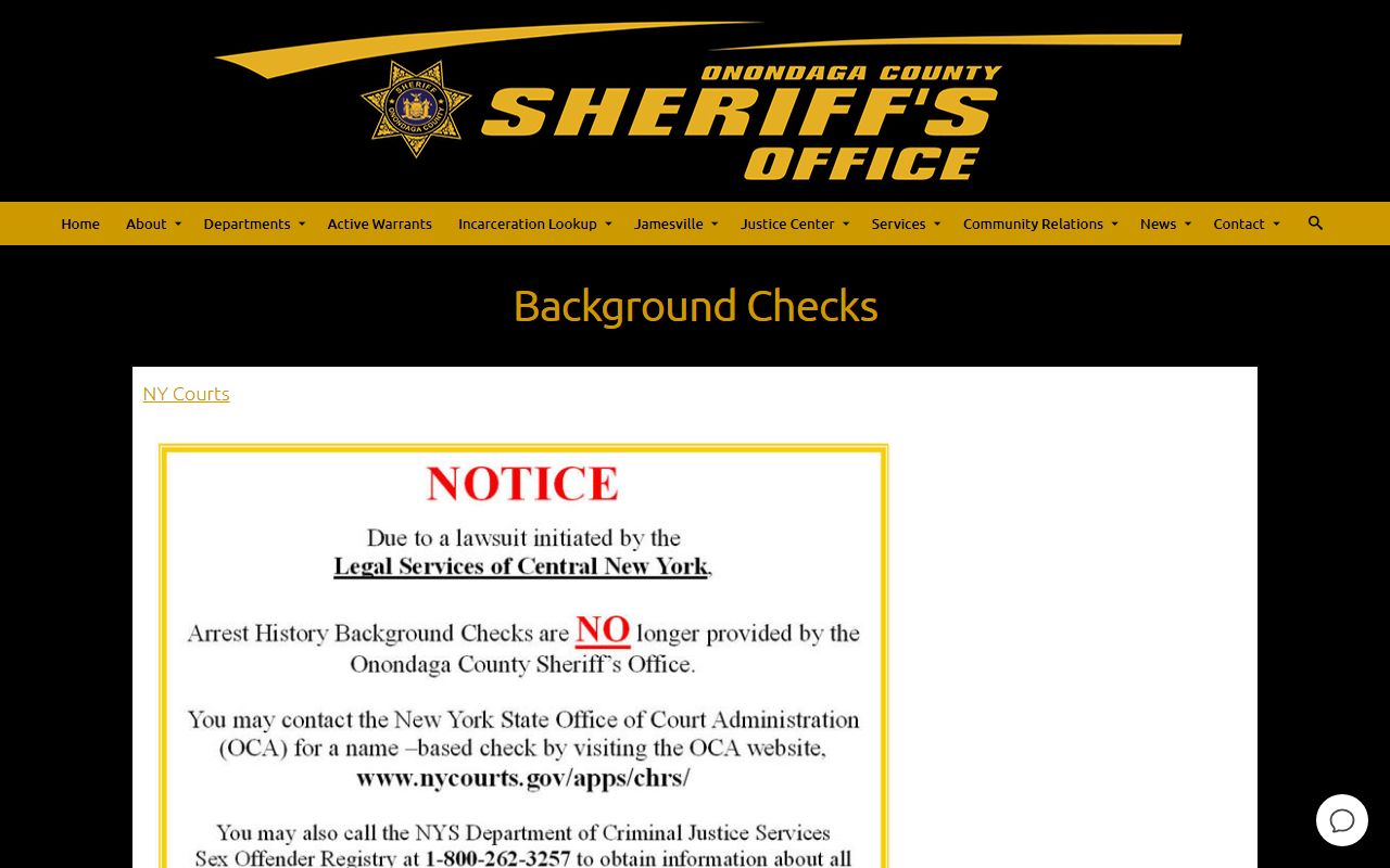 Onondaga County Sheriff background checks page for criminal and arrest records