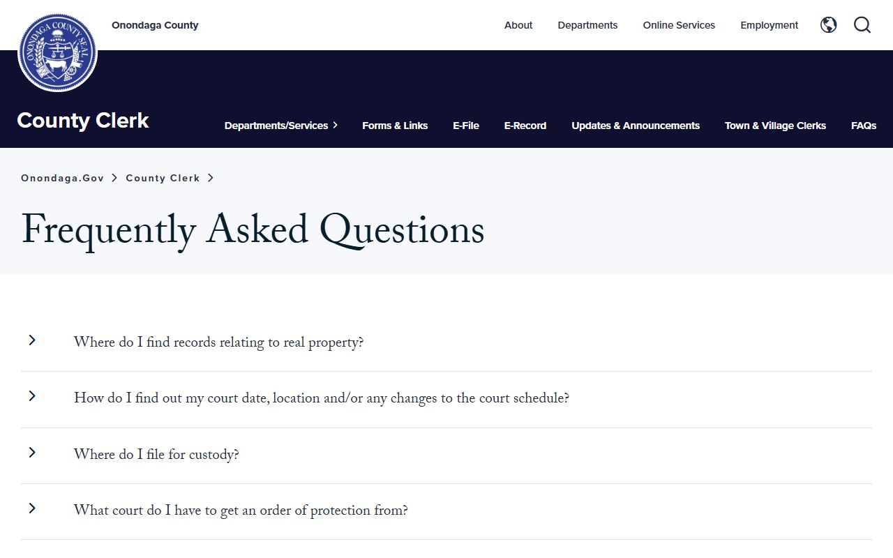 Onondaga County Clerk frequently asked questions page for court records