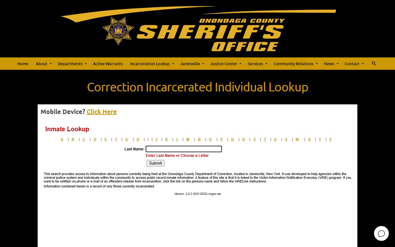 Onondaga County inmate search Correction Department incarcerated individual lookup