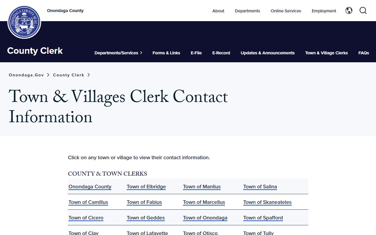 Onondaga County marriage and divorce records town and village clerk contacts