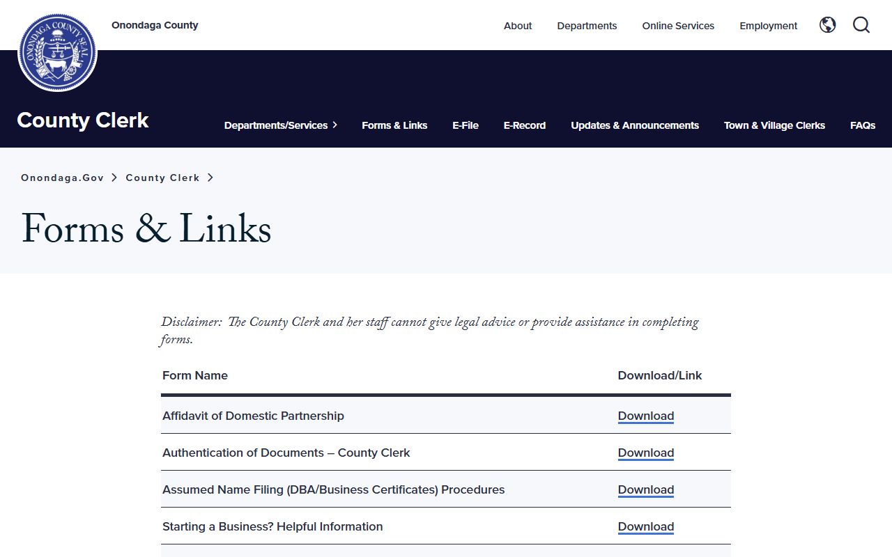 Onondaga County marriage and divorce records County Clerk forms page