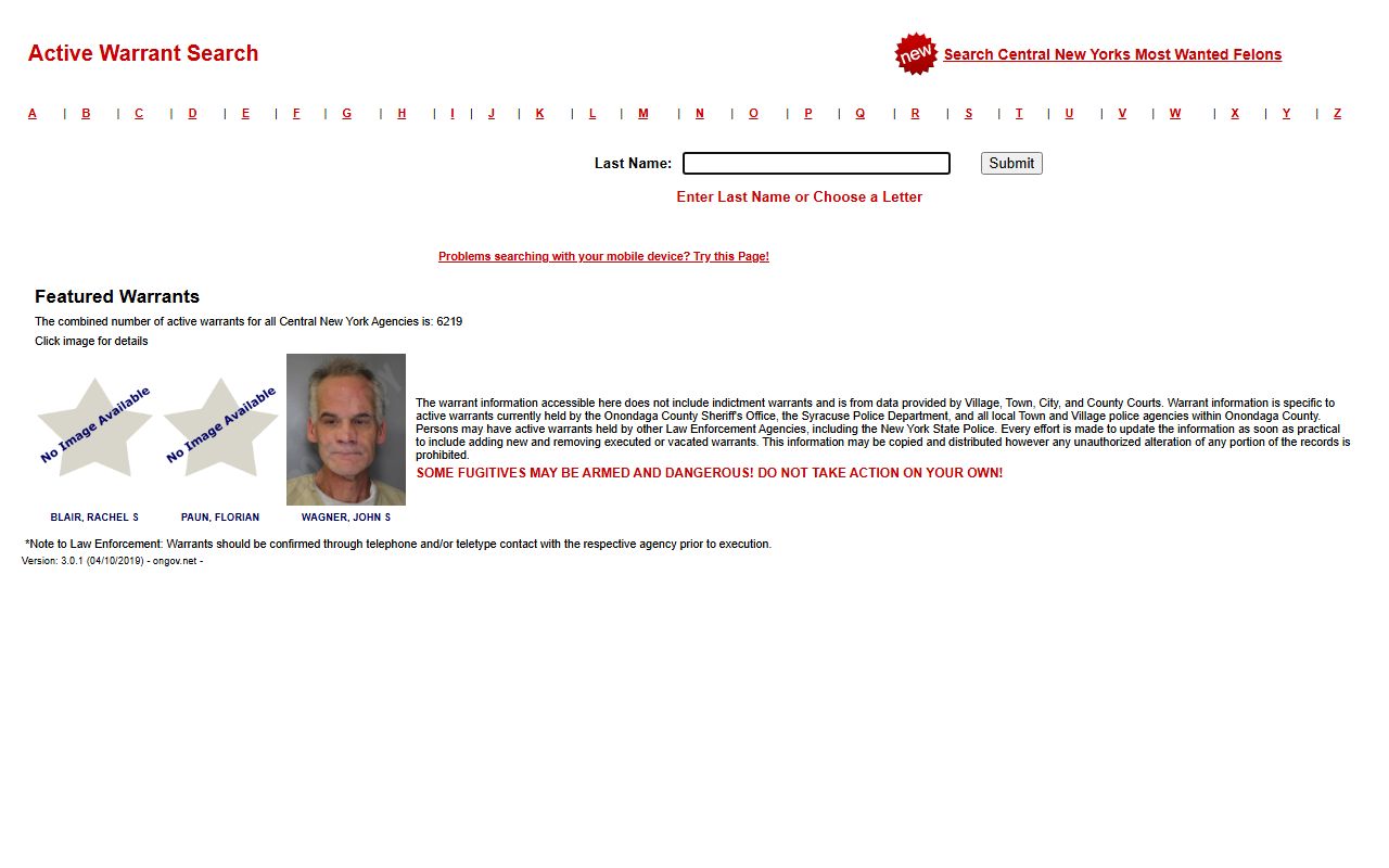 Onondaga County active warrants mobile search application for searching active warrants by name