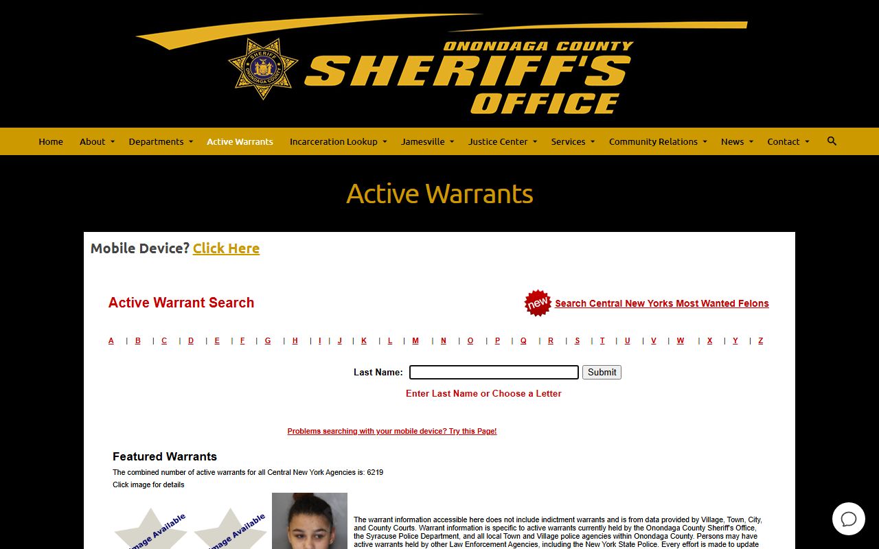 Onondaga County active warrants search portal on the Onondaga County Sheriff website