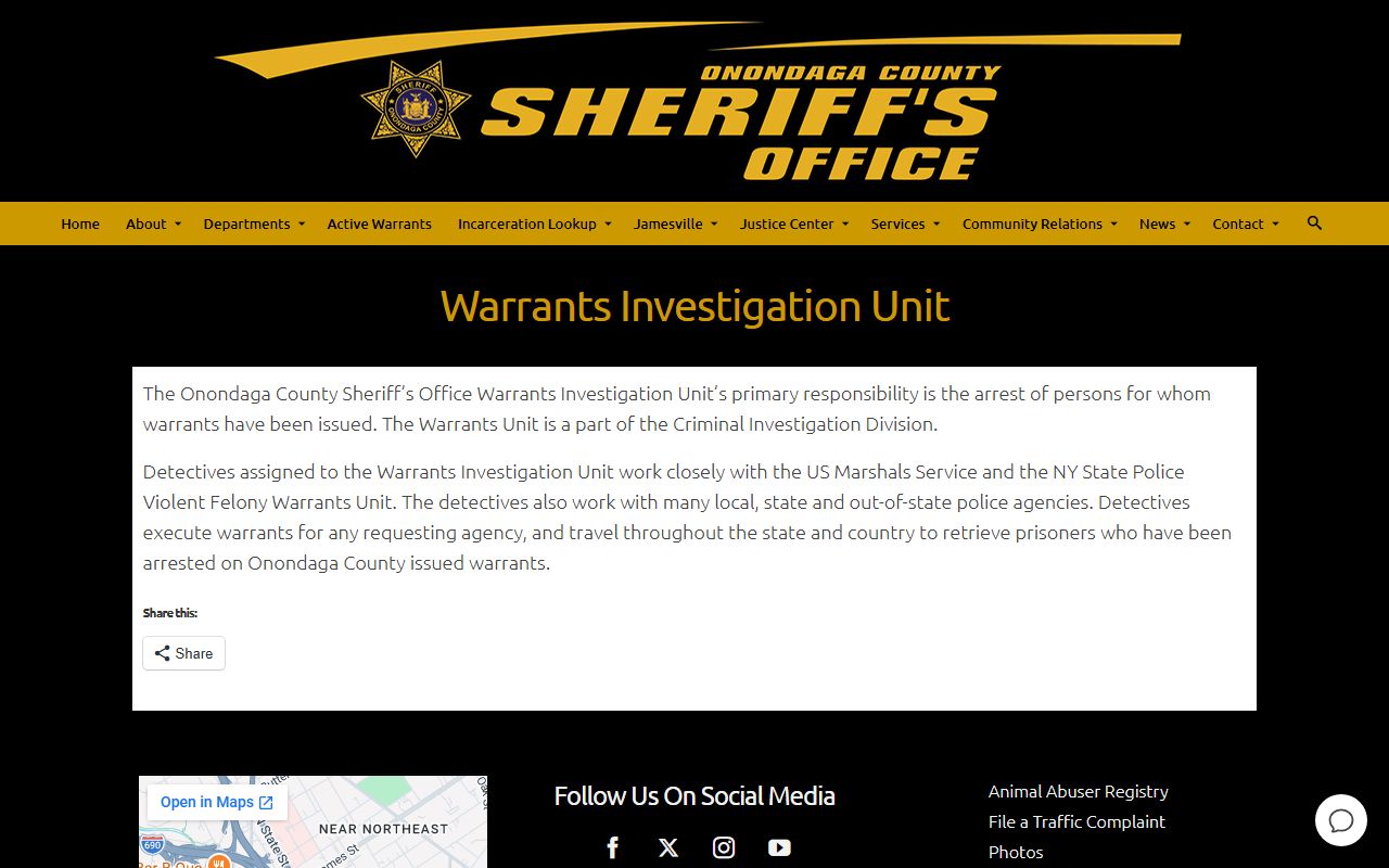 Onondaga County Warrants Investigation Unit page on the Onondaga County Sheriff website